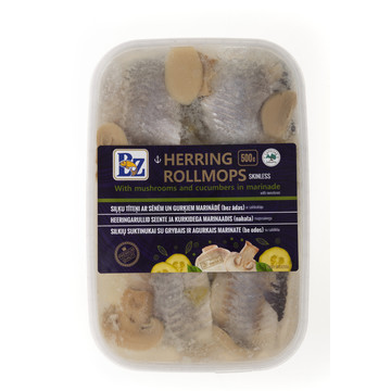 HERRING ROLLMOPS WITH MUSHROOMS AND CUCUMBERS IN MARINADE (SKINLESS)