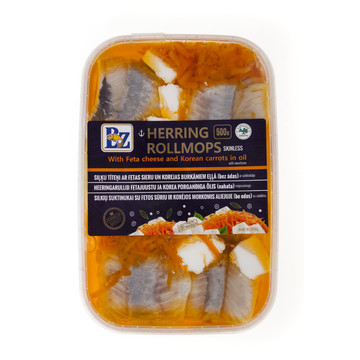 HERRING ROLLMOPS WITH FETA CHEESE AND KOREAN CARROTS IN OIL (SKINLESS)