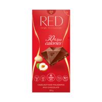 RED Delight no added sugar reduced calories hazelnut and macadamia milk chocolate.  With sweeteners. 100g