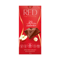 RED DELIGHT NO ADDED SUGAR REDUCED CALORIES ORANGE AND ALMOND DARK CHOCOLATE. WITH SWEETENERS. 100G