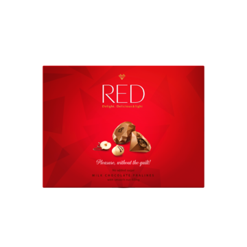 RED DELIGHT NO ADDED SUGAR REDUCED CALORIES MILK CHOCOLATES WITH NUT FILLING. WITH SWEETENERS. 132G