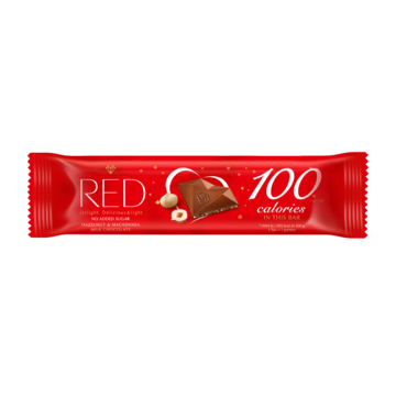 RED DELIGHT NO ADDED SUGAR REDUCED CALORIES HAZELNUT AND MACADAMIA MILK CHOCOLATE. WITH SWEETENERS. 26G